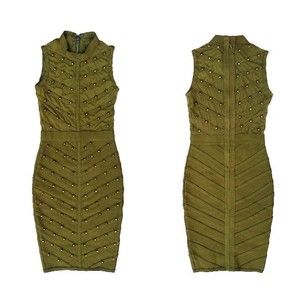 Olive Green Sleeveless Halter Mesh Ribbed Bodycon Bronze Studded Dress Sz Small